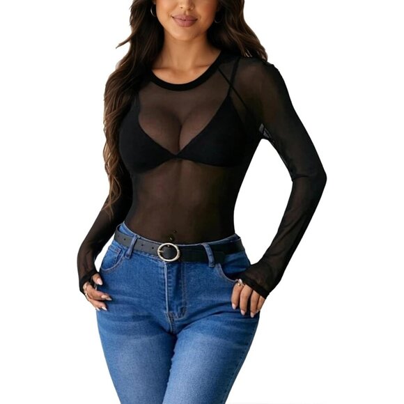 🆕Women Black Sheer Polyester Floral Mesh Top Crew Neck Long Sleeve Going Out - Picture 1 of 4